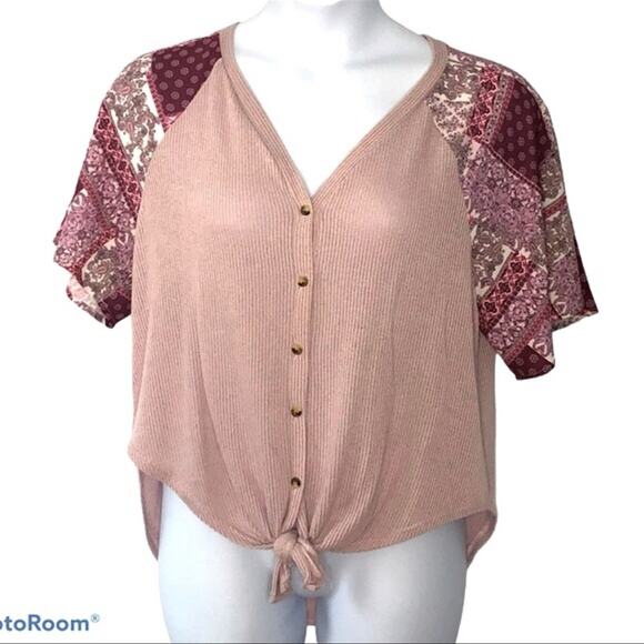 Altar'd State Waffle Knit Tie Front Blouse Patchwork Paisley Sleeves Size Small - Picture 2 of 14